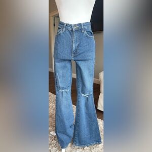 Lee SIZE 26 High Rise Flare Jeans Medium Wash With Distressed Knees